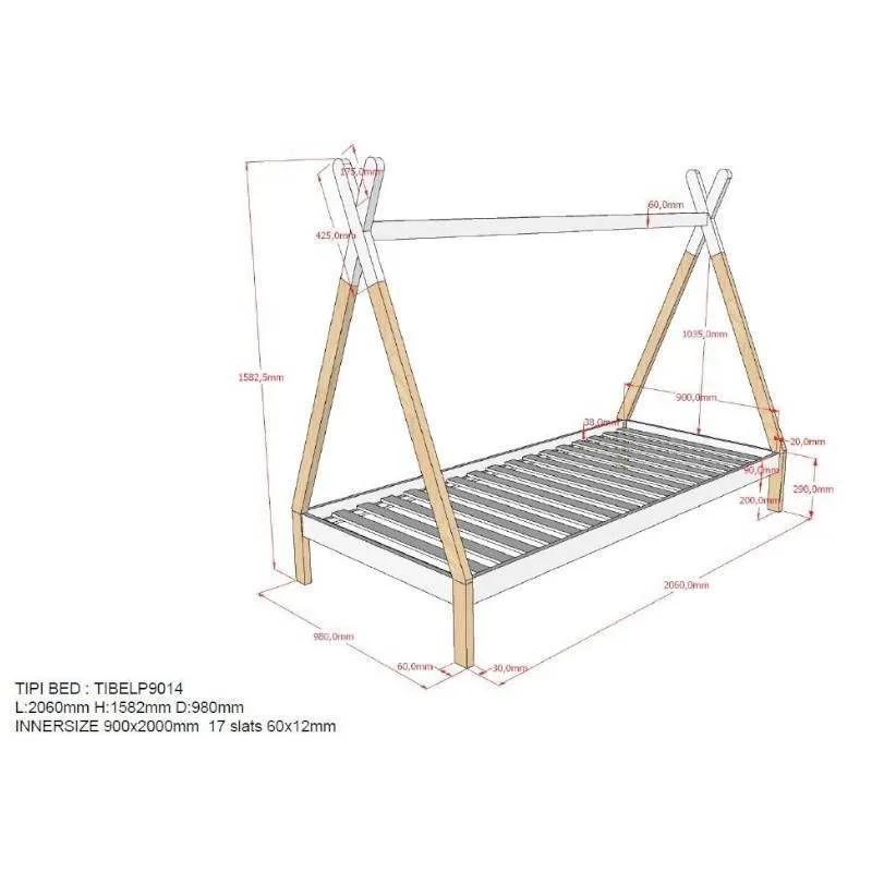 Voodi Tipi 90x200 valge/naturaalne