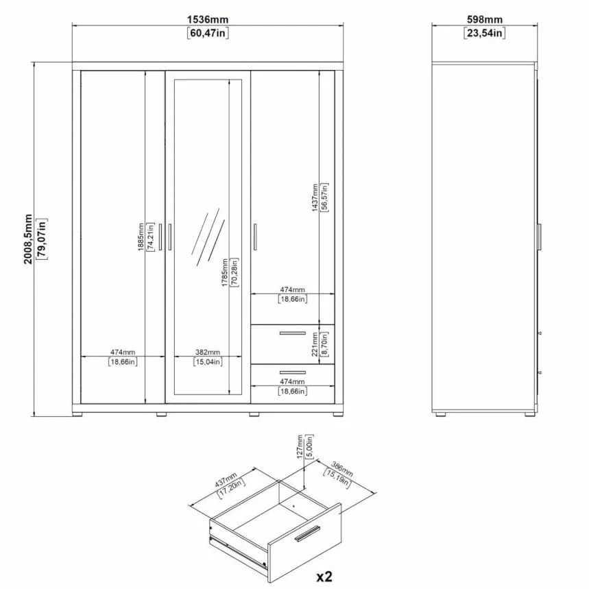 Riidekapp+peegel Mira 3u valge