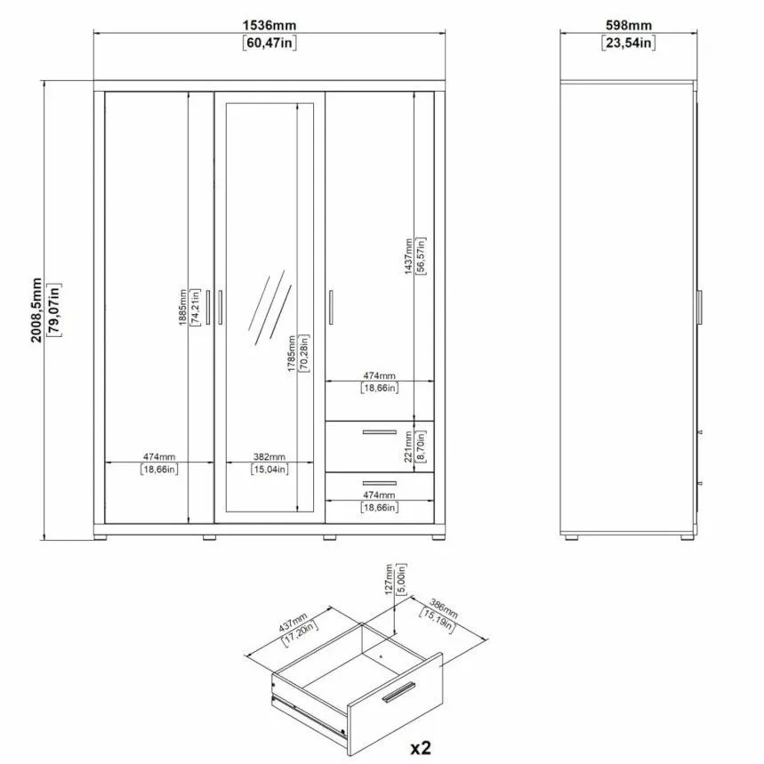 Riidekapp+peegel Mira 3u hickory