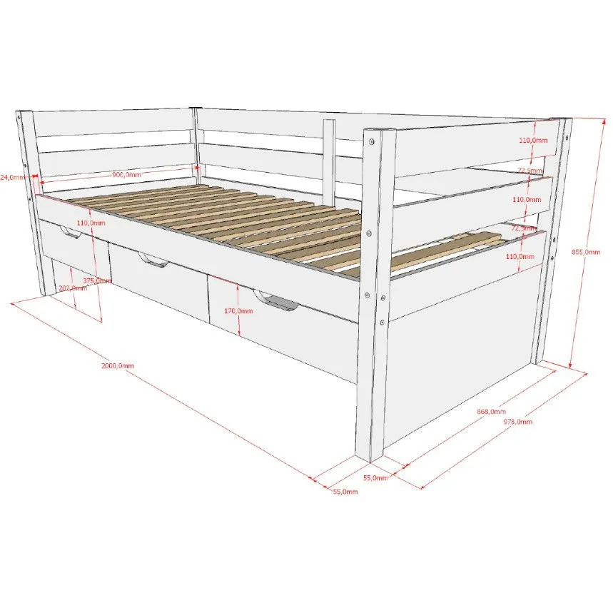 Vipack kaptenivoodi+3 sahtlit Margrit 90x200 valge