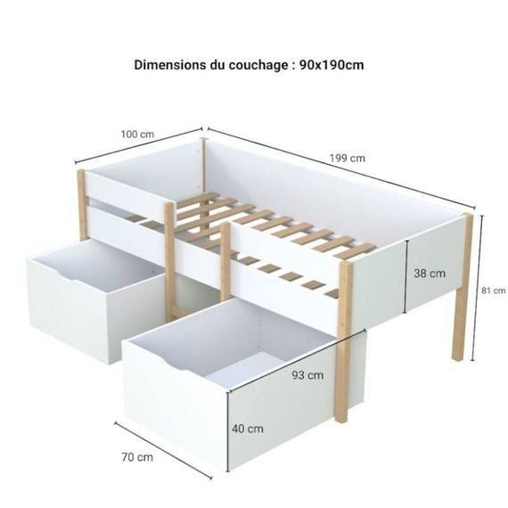 Poolkõrge voodi Zephir 90x190 puit/valge